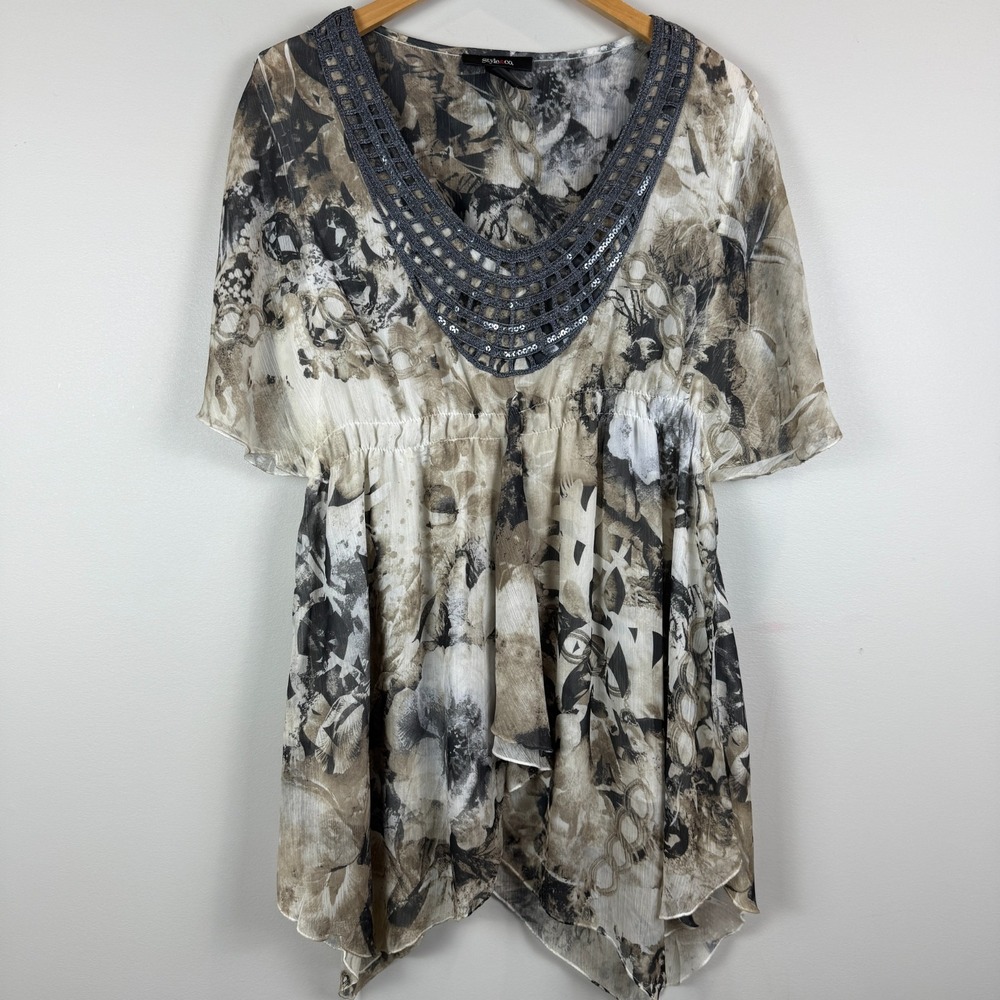 Y2K Style & Co Top Women's Large Ivory Gray Chain Sequin Fairy Asymmetrical